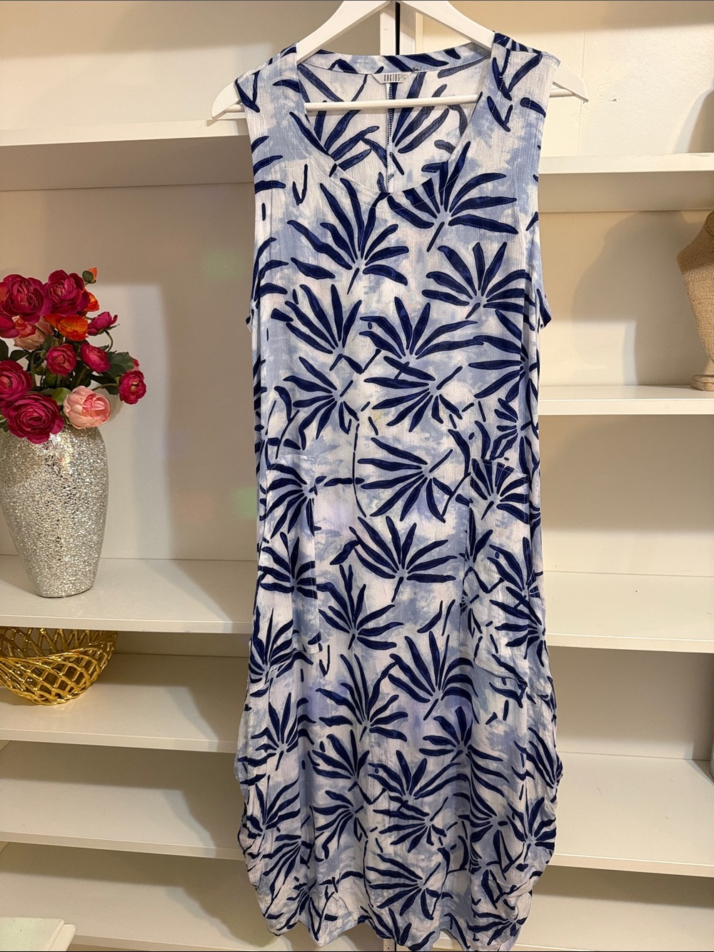 KAKTUS Blue & White Loose Flow Gauge Dress Fits: M/L - Picture 2 of 5